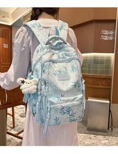 Chinese style bamboo leaf printed backpack casual travel bookbag with cute plush bear pendant