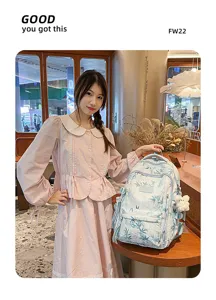 Chinese style bamboo leaf print student backpack large capacity casual daypack with bear