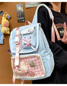 Cute Japanese Ita backpack with clear window pastel blue school bag for teen girls