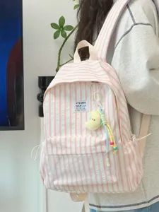 Pink white striped canvas school backpack daily casual travel daypack student bookbag