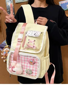 Cute Japanese ita backpack for students, pink plaid transparent pocket, casual cute daily use book bag