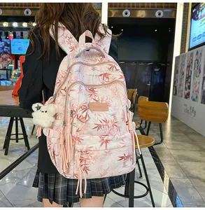 Chinese style bamboo leaf printed student backpack large capacity casual travel book bag.