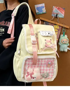 Cute Japanese ita backpack with transparent front pocket, stylish double shoulder casual bag.