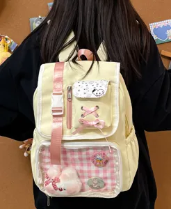 Cute Japanese ita backpack for students, sweet style school bag with clear front pocket for pins.