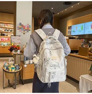 Chinese style bamboo leaf printed canvas backpack, large capacity student travel book bag