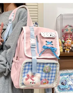 Kawaii Japanese anime ita backpack detail, pink casual school bag with clear window display.