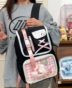 Cute Japanese ita backpack for students, black canvas casual school bag with clear window.