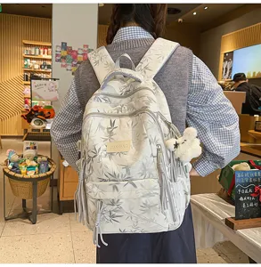 Chinese style bamboo leaf print backpack large capacity multi pocket student travel bag