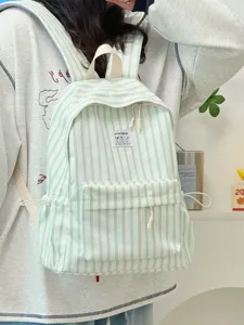 Japanese Style Striped Canvas Backpack Casual Large Capacity School Bag For Women And Men Daily Commuting Travel Bookbag