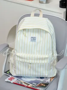 Japanese style minimalist striped canvas backpack, large capacity casual school book bag for women.