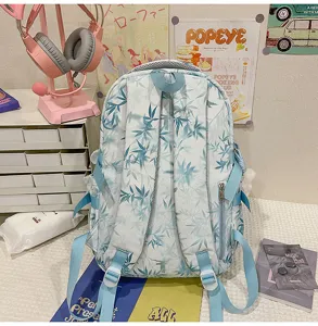 Chinese style bamboo leaf print student backpack, large capacity multi-pocket travel bag.
