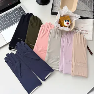 Ice silk sun protection gloves for women, UV blocking anti-slip summer outdoor touchscreen wear.