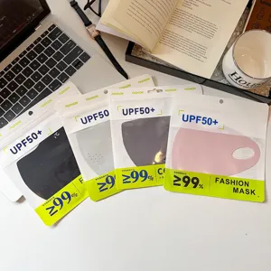 Detailansicht von 3D Eisseide Sonnenschutz Gesichtsmasken in Verpackung, UPF50+ UV-Schutz.
