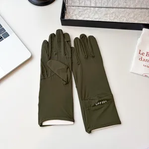 Women UPF50+ ice silk sun protection gloves detail, dark green anti-UV full finger