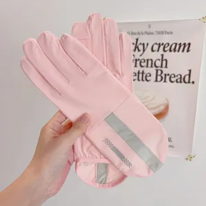 Pink ice silk sunscreen gloves detail view, breathable full finger design for outdoor driving.