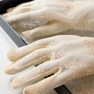 Close-up detail of sheer lace sunscreen gloves, showing breathable mesh floral texture.