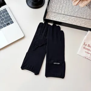 Black UPF50+ ice silk sun protection gloves for women, summer thin outdoor UV proof wear.