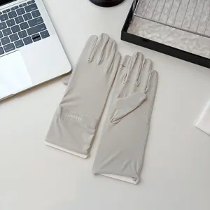 Ice silk sun protection gloves detail showing UPF50+ rating, lightweight and breathable fabric.