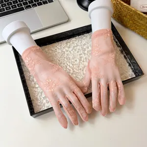 Women Summer Pink Short Lace Sun Protection Gloves Breathable Mesh Floral Print Item