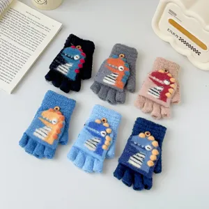 Cute cartoon dinosaur kids winter gloves, thickened warm half-finger flip design for boys.