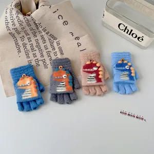 Kids cute dinosaur winter knit half-finger flip gloves warm thick writing gloves for boys