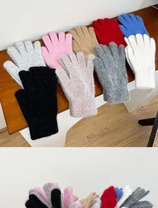 Women winter fuzzy knit gloves thick solid color warm cute sweet stylish daily wear 1pair