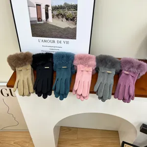 Stylish women's winter thermal gloves with plush cuffs, multi-color display set for cold weather.
