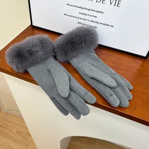 Women winter warm gloves with soft plush cuffs grey thermal windproof touchscreen knit gloves