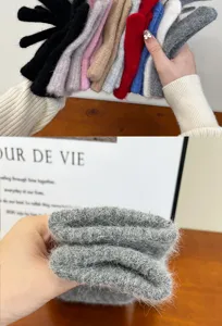 Women winter thick fluffy rabbit hair knitted five finger gloves solid color warm daily wear