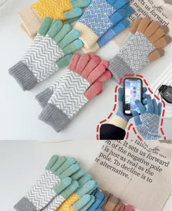Knitted touchscreen gloves detail view, showcasing colorful striped winter warm split-finger design.