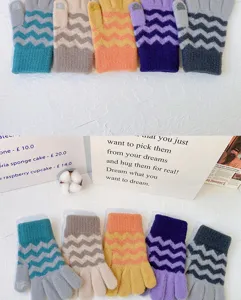 Cozy knit touch screen gloves with stylish wave pattern, warm winter thermal gloves for women.