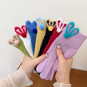 Donne simpatiche orecchie di coniglio guanti in maglia inverno caldo morbido multicolore