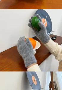 Korean style rabbit hair gloves for women, winter warm thickened fluffy knit five-finger gloves