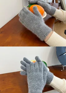 Women winter warm grey knitted gloves fluffy thick soft touch cozy cold weather mittens