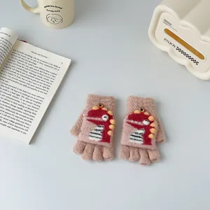 Close-up of cute pink knit half-finger flip-cover gloves with dinosaur cartoon pattern.