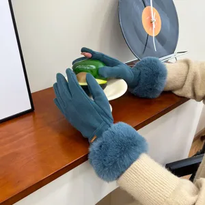 Women winter thermal plush cuffed gloves warm fleece lined windproof touch screen gloves detail view