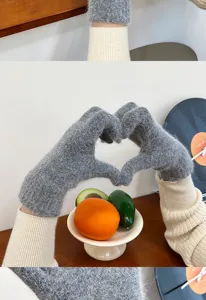 Winter warm fluffy knit gloves for women, solid grey fuzzy rabbit hair cold-proof mittens.