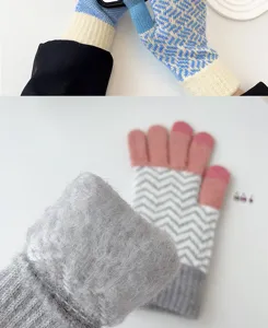 Knit thermal touchscreen gloves detail view, soft fleece lining, stylish winter design for women.