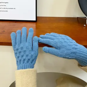 Women winter warm knitted gloves solid blue five finger textured cozy stylish daily wear