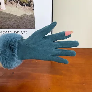 Women's thermal fleece-lined fingerless gloves in dark teal suede with cozy faux fur cuffs.