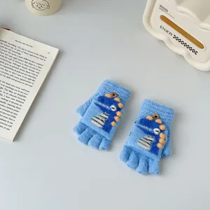 Cute kids winter warm knitted half finger gloves featuring cute cartoon dinosaur pattern.