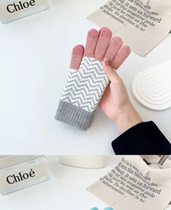 Women winter warm knit touchscreen gloves stylish pink grey chevron pattern thermal stretchy soft