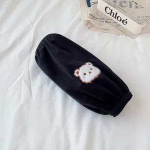Black winter fleece oversleeve with cute white bear embroidery, warm and anti-fouling wear.