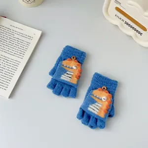 Kids cute cartoon dinosaur plush half-finger flip gloves winter warm knitted mittens