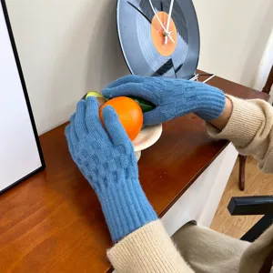 Blue knitted warm gloves winter cold proof five finger fleece lined detail view.