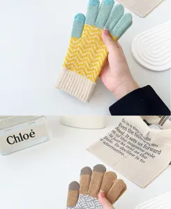 Women winter knit touch screen gloves with colorful chevron pattern warm and stylish.