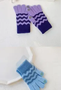 Women winter knit touch screen gloves colorblock wave pattern warm thick gloves pair