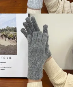 Women winter warm fluffy knit gloves solid grey five finger soft cozy thick cold weather apparel