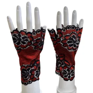 Red and black lace half-finger gloves detail shot, breathable floral pattern for dance.