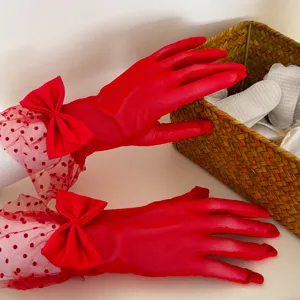 Red mesh polka dot gloves with bow sheer lace elegant wedding party fashion sun protection